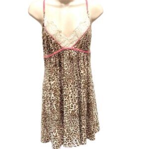 IN BLOOM by JONQUIL Cheetah Print  Chemise Cream Lace, Pink Trim Womens Large